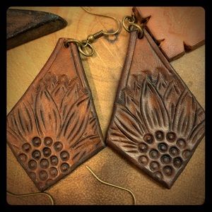 Hand tooled leather earrings